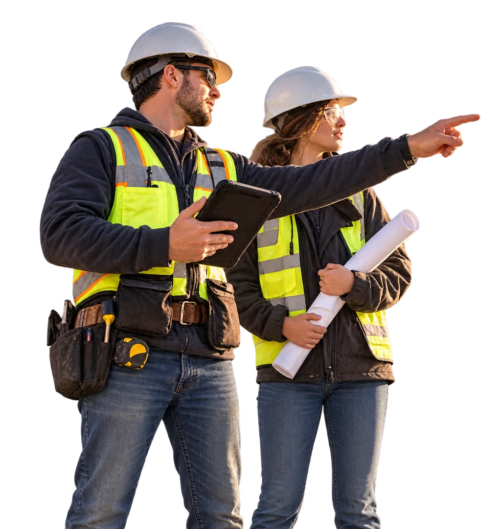 A site superintendent pointing out work to a colleague, tablet in hand