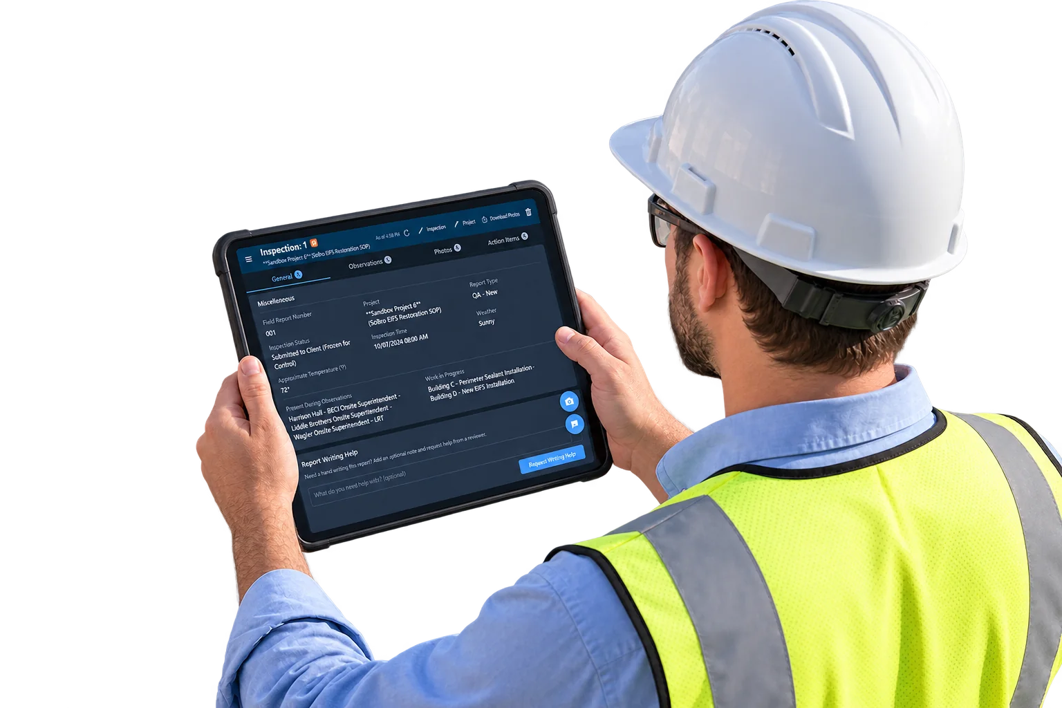 Over an inspector's shoulder: a finished report on an iPad, with the building behind