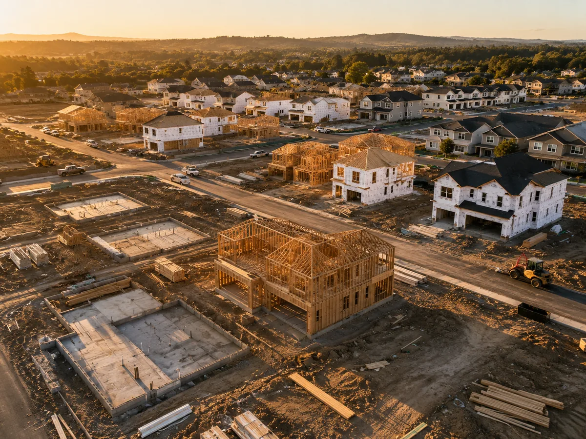 Aerial view of a residential development under construction, from poured slabs to wrapped and finished houses