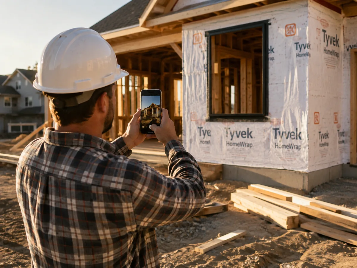 A builder in a hard hat photographing a wrapped house under construction with a phone
