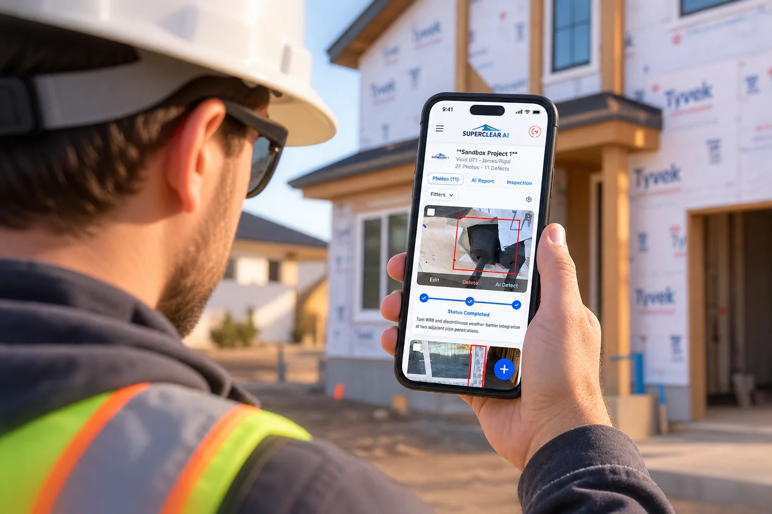 A builder holding up a phone running SuperClear AI in front of a wrapped house under construction